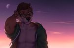  amber_eyes anthro black_nose brown_hair clothing detailed_background ear_piercing eyewear glasses hair hand_behind_head hoodie male mammal moon mustelid nipples otter piercing sky smileeeeeee solo star starry_sky 