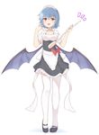  absurdres alternate_costume apron bat_wings black_footwear blue_hair commentary_request duster emushake enmaided full_body highres looking_at_viewer maid maid_headdress mary_janes open_mouth red_eyes remilia_scarlet shoes short_hair simple_background smile solo standing thighhighs touhou white_background white_legwear wings 