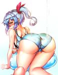  1girl all_fours ass bare_shoulders barefoot blue_hair blush cameltoe from_behind hair_ribbon huge_ass long_hair looking_back one-piece_swimsuit original ponytail ribbon shiny shiny_clothes shiny_hair shiny_skin slit_pupils solo swimsuit tem10 yellow_eyes 