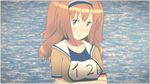  2016 absurdres artist_name bangs blush breasts brown_eyes character_name cleavage collarbone commentary_request dated eyebrows eyebrows_visible_through_hair hairband highres i-26_(kantai_collection) kantai_collection key_kun long_hair looking_at_viewer medium_breasts name_tag orange_hair parted_lips school_swimsuit short_sleeves solo swimsuit upper_body water 