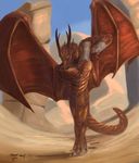  3_toes 4_fingers anthro day desert detailed_background dragon horn male membranous_wings nude orange_eyes outside red_scales sand scales sky solo standing teeth themefinland toes warrior wings 