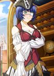  bare_shoulders blue_hair breasts cleavage detached_sleeves eyepatch globe green_eyes ikkitousen large_breasts mole mole_under_mouth ryomou_shimei short_hair smile solo 