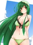 ahoge alternate_costume bikini blue_sky blush breasts cloud day green_bikini green_hair groin hair_ornament highres large_breasts long_hair looking_at_viewer navel sky smile solo swimsuit tokonone touhoku_zunko very_long_hair vocaloid voiceroid yellow_eyes 
