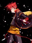  aizen_kunitoshi armor bandaid bandaid_on_nose cimeri coat japanese_armor kiwame_(touken_ranbu) male_focus petals red_hair shoulder_armor sode solo sword tantou touken_ranbu weapon yellow_eyes 