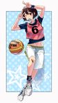  arms_up ball bandaid bandaid_on_face bandaid_on_knee basketball basketball_uniform blush border brown_hair character_request clothes_writing copyright_request double_v full_body highres jorori looking_at_viewer mouth_hold navel number polka_dot polka_dot_background red_eyes shoes short_sleeves shorts sneakers solo sportswear stomach sweatband v white_border white_footwear white_shorts 
