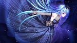  asami_asami azurite bare_shoulders black_ribbon blue_hair breasts cleavage collarbone dutch_angle game_cg hair_ribbon long_hair re:birth_colony ribbon see-through small_breasts solo veil 