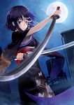  bad_id bad_pixiv_id bandages black_hair blue_eyes dual_wielding full_moon heterochromia highres holding japanese_clothes kaito_nina katana kimono moon original red_eyes reverse_grip short_hair solo sword weapon 