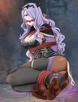  1girl bdsm black_legwear blush bound bound_ankles bound_arms breasts camilla_(fire_emblem_if) cleavage cleave_gag cloth_gag copyright_request feet fire_emblem fire_emblem_if gag gagged hair_ornament hair_over_one_eye highres improvised_gag large_breasts long_hair looking_at_viewer lost1zero lost_one_zero lostonezero pantyhose pov_feet purple_eyes purple_hair rope sitting soles solo toeless_legwear toenails toes torch 