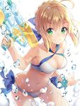  ahoge armpits artist_name artoria_pendragon_(all) artoria_pendragon_(swimsuit_archer) bare_arms bare_shoulders blonde_hair blue_bow blue_ribbon bow breasts cleavage closed_mouth collarbone cowboy_shot criss-cross_halter eyebrows eyebrows_visible_through_hair fate/grand_order fate_(series) green_eyes hair_ribbon halter_top halterneck holding looking_at_viewer medium_breasts navel nonono ribbon short_hair smile solo standing stomach water water_drop water_gun wet 
