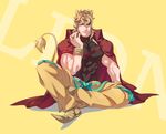  abs animal_ears black_nails blonde_hair cape dio_brando fang full_body heart highres jojo_no_kimyou_na_bouken kemonomimi_mode knee_pads less_end lion_ears lion_tail male_focus muscle nail_polish orange_eyes pointy_shoes shoes sitting solo stardust_crusaders tail wrist_cuffs yellow_background 