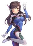  ;) bangs blush bodysuit breasts brown_eyes brown_hair closed_mouth cowboy_shot d.va_(overwatch) eyebrows eyebrows_visible_through_hair facial_mark from_side gloves headphones highres leg_up long_hair looking_at_viewer medium_breasts motokonut one_eye_closed overwatch pilot_suit simple_background skindentation smile solo swept_bangs w whisker_markings white_background white_gloves 