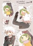  1boy 1girl absurdres animal_costume bear_costume character_hood chibi cosplay danganronpa danganronpa_3 doma_umaru doma_umaru_(cosplay) english green_eyes green_hair hakamii highres himouto!_umaru-chan hood komaeda_nagito komaru long_hair monaka_(danganronpa) monokuma nintendo parody romaji smile title_parody 