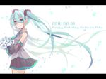  2016 bouquet character_name dated detached_sleeves floating_hair flower from_side green_eyes green_hair happy_birthday hatsune_miku letterboxed long_hair necktie skirt solo toutenkou twintails very_long_hair vocaloid white_background 
