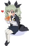  :t anchovy anzio_school_uniform black_footwear black_skirt blush cape cheese_trail dress_shirt drill_hair eating emblem food girls_und_panzer green_hair hair_between_eyes hair_ornament hair_ribbon heart hibimegane highres holding holding_pizza loafers long_hair long_sleeves miniskirt necktie pantyhose pizza pleated_skirt red_eyes ribbon school_uniform shirt shoes simple_background sitting skirt solo twin_drills twintails white_background white_legwear white_shirt 