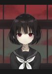  black_hair black_serafuku collarbone commentary_request frame kirizuka_shino looking_at_viewer original peko red_eyes school_uniform serafuku short_hair solo strangle_mark upper_body white_skin 