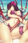  artist_name bikini breasts curvy fate/grand_order fate_(series) flower gae_bolg hair_flower hair_ornament hibiscus large_breasts long_hair looking_at_viewer magicians_(zhkahogigzkh) navel parted_lips polearm purple_hair red_eyes scathach_(fate)_(all) scathach_(swimsuit_assassin)_(fate) solo spear swimsuit weapon wet 
