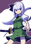  :&gt; :q blue_eyes contrapposto katana konpaku_youmu konpaku_youmu_(ghost) maru-sun miniskirt puffy_short_sleeves puffy_sleeves short_hair short_sleeves silver_hair skirt skirt_set smirk standing sword thighs tongue tongue_out touhou vest weapon 