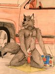  animal_genitalia anthro black_fur bossman1969 canine car dick_grab fur kneeling knot looking_at_viewer male mammal on_floor peeing penis red_penis smoking traditional_media_(artwork) urine vehicle watersports wetting wolf 