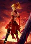  blonde_hair blurry dark_rhongomyniad depth_of_field detached_sleeves fate/apocrypha fate/grand_order fate_(series) from_behind green_eyes kaito_nina lance long_hair looking_back mordred_(fate) mordred_(fate)_(all) polearm ponytail solo sword thighhighs torn_clothes torn_legwear weapon 