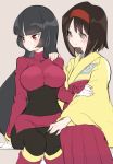  2girls bangs black_hair blunt_bangs blush bodystocking boots breasts brown_background chorimokki closed_mouth covered_navel creatures_(company) cropped_jacket erika_(pokemon) female game_freak grey_eyes gym_leader hairband hakama hand_on_another&#039;s_shoulder hand_on_another&#039;s_thigh hand_up happy jacket japanese_clothes kimono knee_boots kneehighs knees_together_feet_apart large_breasts long_hair long_sleeves looking_at_another looking_away miniskirt multiple_girls natsume_(pokemon) nintendo panties pencil_skirt poke_ball_symbol poke_ball_theme pokemon pokemon_(game) pokemon_frlg red_eyes red_footwear red_hairband red_hakama red_jacket red_skirt shiny shiny_hair short_hair side_slit simple_background sitting skirt smile sweat turtleneck underwear upskirt wide_sleeves yellow_kimono yellow_legwear yuri 