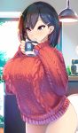  1girl black_hair blue_eyes breasts commentary_request cup glasses highres huge_breasts lamp looking_at_viewer looking_to_the_side mug no_eyewear no_pants original parted_lips raised_eyebrows ribbed_sweater shiki_(psychedelic_g2) short_hair solo sweater thighs 