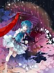  blue_eyes blue_hair blue_skirt blue_vest geta heterochromia highres juliet_sleeves karakasa_obake long_sleeves long_tongue no_socks one-eyed open_mouth puffy_sleeves purple_umbrella red_eyes shirt short_hair skirt smoke solo tanzhujiuyue tatara_kogasa tongue touhou tsukumogami umbrella vest white_shirt 