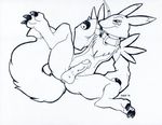  anthro anus armwear balls black_and_white canine circumcised collar digimon erection fox humanoid_penis kayla-na leash looking_at_viewer lying male mammal monochrome on_back penis renamon signature solo spread_legs spreading traditional_media_(artwork) unamused 