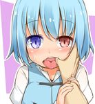  blue_eyes blue_hair blue_vest blush disembodied_limb finger_in_mouth frilled_shirt_collar frills garasuita heterochromia mouth_pull open_mouth out_of_frame red_eyes saliva shirt short_hair solo_focus tatara_kogasa tongue tongue_out touhou vest white_shirt 
