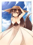  alternate_costume animal_ears armpits bare_shoulders blush breasts brooch brown_hair cleavage day dress hand_on_headwear hat imaizumi_kagerou jewelry kaginoni long_hair medium_breasts red_eyes solo straw_hat sundress tail touhou white_dress wolf_ears wolf_tail 