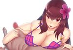  :p bikini blur_censor blush breast_rest breasts censored eyebrows_visible_through_hair fate/grand_order fate_(series) flower hair_flower hair_ornament handjob hetero hibiscus large_breasts long_hair looking_at_viewer penis purple_hair red_eyes scathach_(fate)_(all) scathach_(swimsuit_assassin)_(fate) simple_background solo_focus sweat swimsuit tongue tongue_out vanquice white_background 
