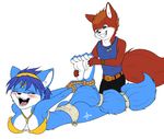  anthro bdsm ben blue_fur blue_hair blush bound breasts butt canine clothing crown duo eyes_closed female fox fur hair jewelry krystal laugh male mammal nintendo star_fox tiara tickling tickling_feet video_games white_fur wtfeather 