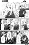  bangs blush clara_(girls_und_panzer) closed_eyes comic fang fbc gekitotsu!_joshikousei_oiroke_sensha_gundan girls_und_panzer greyscale hands_on_hips jacket katyusha laughing long_hair long_sleeves looking_at_viewer miniskirt monochrome multiple_girls pleated_skirt pravda_school_uniform school_uniform short_hair skirt smile translated turtleneck 