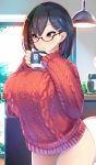  1girl black_hair blue_eyes breasts commentary_request cup glasses highres huge_breasts lamp looking_at_viewer looking_to_the_side mug no_pants original parted_lips raised_eyebrows ribbed_sweater shiki_(psychedelic_g2) short_hair solo sweater thighs 