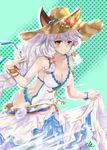  absurdres animal_ears bare_shoulders braid breasts cat_ears cleavage covered_navel ears_through_headwear erune flower granblue_fantasy hair_between_eyes hair_intakes hair_tubes hat hat_flower heles highres large_breasts leaning_forward long_hair looking_at_viewer one-piece_swimsuit ottey sarong silver_hair single_braid smile solo straw_hat sun_hat swimsuit very_long_hair yellow_eyes 