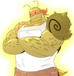  2015 antennae anthro apron bandanna biceps big_biceps clothed clothing colored crossed_arms cute digital_drawing_(artwork) digital_media_(artwork) dot_eyes front_view gastropod happyending light male manly muscular muscular_male pants pose shell short_tail simple_background snail toony white_clothing yellow_background yellow_body 