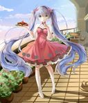  :o ahoge bad_id bad_pixiv_id blue_eyes blue_hair blueberry blush chair cloud day dress eyebrows eyebrows_visible_through_hair flower food fruit full_body hair_flower hair_ornament hatsune_miku head_tilt highres kneehighs long_hair looking_at_viewer outdoors petticoat pigeon-toed plant plate potted_plant railing red_dress shoes silhouette sky solo standing strawberry table twintails very_long_hair vocaloid white_footwear yue_yue 