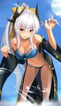  bare_shoulders bikini blue_bikini blush breasts cleavage commentary_request fate/grand_order fate_(series) frilled_bikini frills front-tie_top hair_ribbon horns japanese_clothes kimono kiyohime_(fate/grand_order) kiyohime_(swimsuit_lancer)_(fate) large_breasts leaning_forward long_hair looking_at_viewer navel off_shoulder open_clothes open_kimono ponytail red_eyes ribbon shiseki_hirame silver_hair smile solo swimsuit very_long_hair wet wide_sleeves 