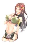  amagi_(kantai_collection) arm_at_side bare_shoulders breasts brown_eyes brown_hair cleavage_cutout covered_nipples crop_top flower hair_between_eyes hair_flower hair_ornament hand_on_own_chest hip_vent kantai_collection large_breasts long_hair looking_at_viewer midriff mole mole_under_eye navel remodel_(kantai_collection) smile solo zucchini 
