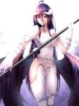  1girl ahoge albedo ass_wings bare_hips black_hair black_wings boa_sorte choker covered_navel dress feathered_wings gloves hair_between_eyes highres holding_polearm horns long_hair looking_at_viewer overlord_(maruyama) sleeveless sleeveless_dress smile solo standing very_long_hair white_dress white_gloves wings yellow_eyes 