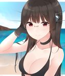  arm_up bare_shoulders beach bikini black_bikini black_gloves black_hair breasts choker choukai_(kantai_collection) cleavage closed_mouth commentary_request day gloves hand_in_hair headgear highres kantai_collection large_breasts light_smile long_hair looking_at_viewer outdoors red_eyes sky solo swimsuit upper_body water yukichi_(sukiyaki39) 