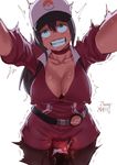  ahegao belt black_hair breasts clenched_teeth covered_nipples dated female_protagonist_(pokemon_go) green_eyes grin hat large_breasts leggings long_hair looking_up poke_ball pokemon pokemon_go signature simple_background smile solo sweat teeth trembling vibrator white_background zheng 
