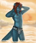  2016 absurd_res anthro black_nose blue_fur briefs bulge clothed clothing cloud detailed_background digital_media_(artwork) fur green_eyes hair hi_res long_hair looking_at_viewer male mammal mustelid navel open_mouth otter outside penis_outline red_hair sky smile solo sun tigerinspace topless underwear water wet zik 