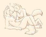  &lt;3 2011 all_fours anthro breasts canine duo eye_contact featureless_breasts female male male/female mammal nude pink_background purra reclining restricted_palette romantic_couple simple_background smile wolf 