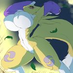  2016 anthro big_breasts black_sclera blue_eyes breasts bridal_gauntlets digimon fdokkaku featureless_breasts featureless_crotch female fur huge_breasts leaf mostly_nude navel renamon solo white_fur wide_hips yellow_fur 