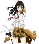  absurdres artist_request bandages black_hair blood blood_on_face brown_eyes clothes_around_waist coppelion cowboy_shot floating_hair gloves green_skirt gun handgun highres huge_filesize incredibly_absurdres long_hair looking_at_viewer luger_p08 miniskirt naruse_ibara necktie pale_skin plaid plaid_skirt pleated_skirt scratches shirt skirt sleeves_rolled_up solo standing striped striped_neckwear sweater_around_waist torn_clothes transparent_background vector_trace weapon white_shirt wind 