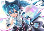  :d absurdres blue_eyes blue_hair breasts fang gloves hatsune_miku headphones highres kikimi long_hair looking_at_viewer magical_mirai_(vocaloid) medium_breasts necktie open_mouth smile solo twintails v very_long_hair vocaloid white_gloves 