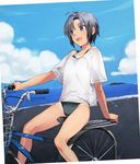  ahoge antenna_hair bicycle bicycle_basket black_eyes black_hair cloud day dutch_angle ground_vehicle idolmaster idolmaster_(classic) idolmaster_2 kikuchi_makoto loose_clothes loose_shirt ocean one-piece_swimsuit open_mouth outdoors shirop_imas shirt short_hair sky smile solo swimsuit swimsuit_under_clothes t-shirt tan tanline water 