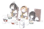  &gt;_&lt; :&gt; akizuki_(kantai_collection) black_eyes black_hair blush braid brown_hair chair chopsticks closed_eyes closed_mouth dated egg food hatsuzuki_(kantai_collection) headband hourglass kantai_collection kawashina_(momen_silicon) leaning_forward long_hair multiple_girls neckerchief number open_mouth ponytail sailor_collar short_hair short_sleeves sitting sweatdrop teruzuki_(kantai_collection) water_dispenser white_background 