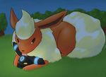  2009 ambiguous_gender blush charrcoal digitigrade duo eeveelution embarrassed feral flareon fur glowing grass licking lying_on nintendo outside pok&eacute;mon shiny_pok&eacute;mon signature size_difference sky tongue tongue_out tree umbreon video_games 