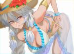  animal_ears armlet ass bangle bangs bare_shoulders bent_over bikini blurry bracelet bracer braid breasts brown_eyes chain chromatic_aberration cleavage collarbone covered_nipples depth_of_field ears_through_headwear erune granblue_fantasy hair_between_eyes hair_tubes hanging_breasts hat heles jewelry long_hair looking_back medium_breasts sarong see-through simple_background single_braid solo sun_hat swimsuit tsurime tying tyoro_(tyoromatsu59) white_background white_bikini white_hair 